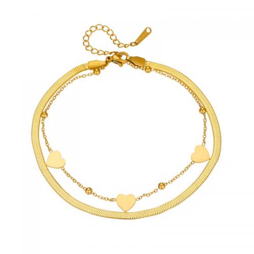 Fashion Jewelry Anklet, Acier titane, avec 5cm chaînes de rallonge, Double couche & bijoux de mode & pour femme, doré Environ 21 cm, Vendu par brin