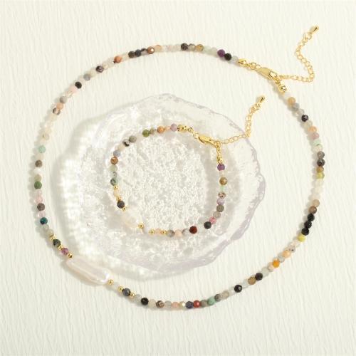 Brass Jewelry Set, with Gemstone Chips & Freshwater Pearl, with 5CM extender chain, gold color plated & for woman 