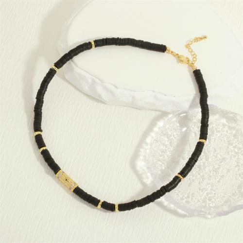 Brass Jewelry Set, with Seedbead & Polymer Clay, gold color plated, Double Layer & micro pave cubic zirconia & for woman & enamel, black 