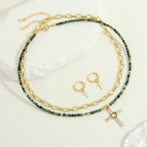 Brass Jewelry Set, with Gemstone Chips, Cross, gold color plated & micro pave cubic zirconia & for woman 