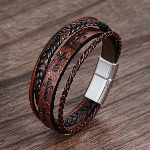 bracelet de cordon en PU , cuir PU, avec alliage de zinc, trois couches & bijoux de mode & pour homme Environ 21 cm, Vendu par PC[