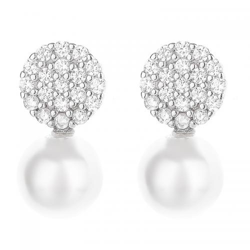 Cubic Zirconia Micro Pave Sterling Silver Earring, 925 Sterling Silver, with Plastic Pearl, plated, for woman 