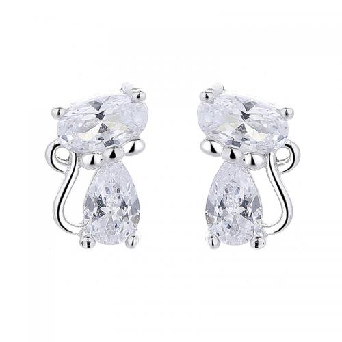 Sterling Silver Cubic Zirconia Earring, 925 Sterling Silver, Cat, plated, micro pave cubic zirconia & for woman, platinum color 