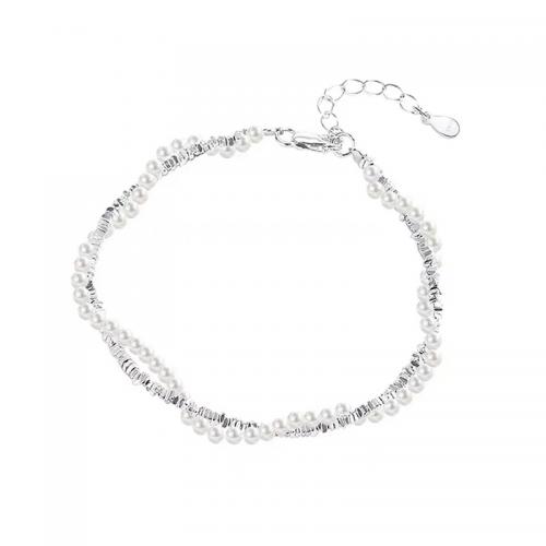 Pulseras de Plata Estelina, plata de ley 925, con Perlas plásticas, con 3CM extender cadena, chapado, para mujer, plateado, longitud:aproximado 15.5 cm, Vendido por UD