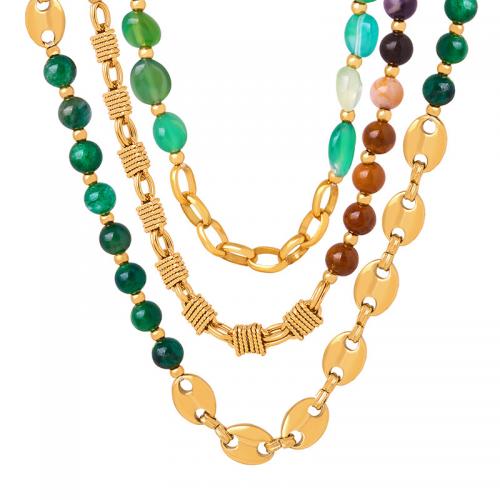 Titanium Steel Jewelry Necklace, with Agate & Green Agate & Brass, plated & for woman, golden 