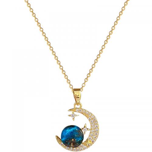 Titanium Steel Necklace, with Resin & Brass, with 2inch extender chain, Moon, gold color plated, micro pave cubic zirconia & for woman Approx 15.7 Inch 