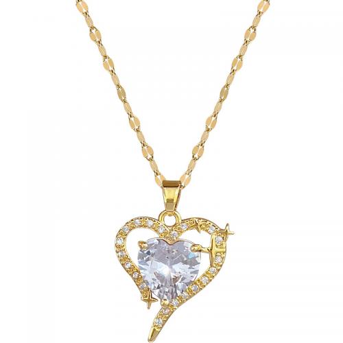 Titanium Steel Necklace, with Brass, with 2inch extender chain, Heart, gold color plated, micro pave cubic zirconia & for woman & hollow Approx 15.7 Inch 