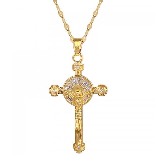 Titanium Steel Necklace, with Brass, with 2inch extender chain, Crucifix Cross, gold color plated, for woman & with rhinestone Approx 15.7 Inch 