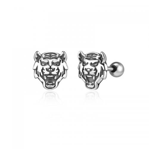 Zinc Alloy Stud Earring, Tiger, silver color plated, vintage & for man, 10mm 