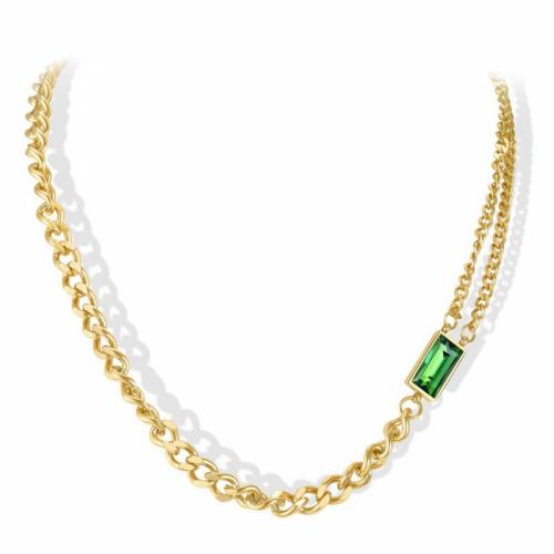 Titanium Steel Jewelry Necklace, with Cubic Zirconia, with 5cm extender chain, Vacuum Ion Plating, Double Layer & fashion jewelry & for woman, green, nickel, lead & cadmium free, 3mm Approx 46 cm 