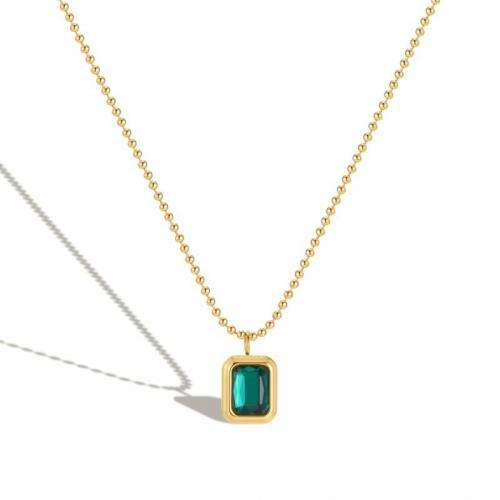 Titanium Steel Jewelry Necklace, with Cubic Zirconia, with 5cm extender chain, Rectangle, Vacuum Ion Plating, fashion jewelry & for woman, green, nickel, lead & cadmium free Approx 45 cm 
