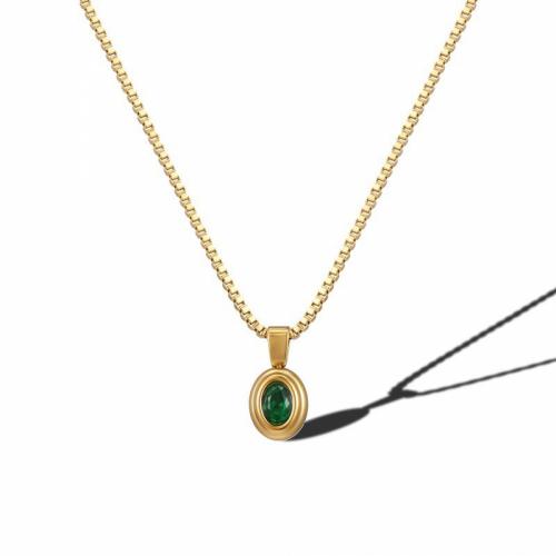 Titanium Steel Jewelry Necklace, with Cubic Zirconia, with 5cm extender chain, Flat Oval, Vacuum Ion Plating, fashion jewelry & for woman, green, nickel, lead & cadmium free Approx 45 cm 