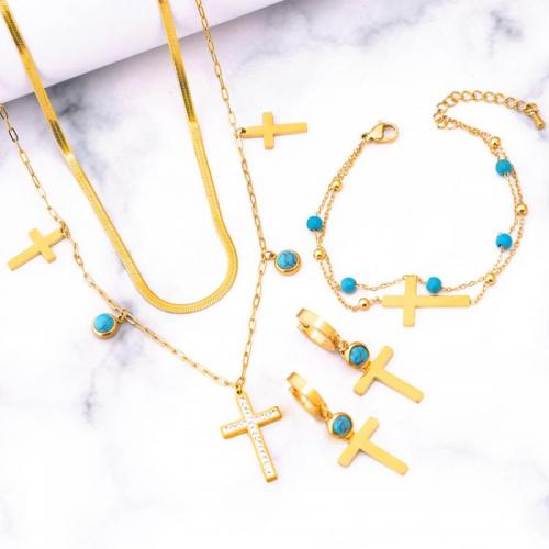 Titanium Steel Jewelry Set, with turquoise, Cross, Double Layer & for woman & with rhinestone, golden 