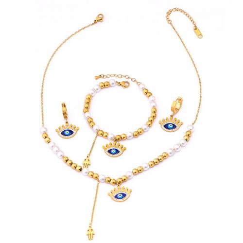 Mal de ojo Conjunto de joyas, Partículas de acero, con Perlas plásticas, diferentes estilos para la opción & para mujer & con diamantes de imitación, dorado, Vendido por UD