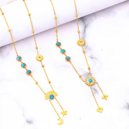 Titanium Steel Jewelry Necklace, with turquoise, with 6cm extender chain, fashion jewelry & for woman, golden Approx 40 cm 