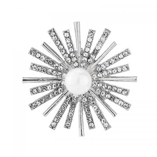 Rhinestone Zinc Alloy Brooch, with Plastic Pearl, fashion jewelry & for woman & with rhinestone, silver color, 43mm 