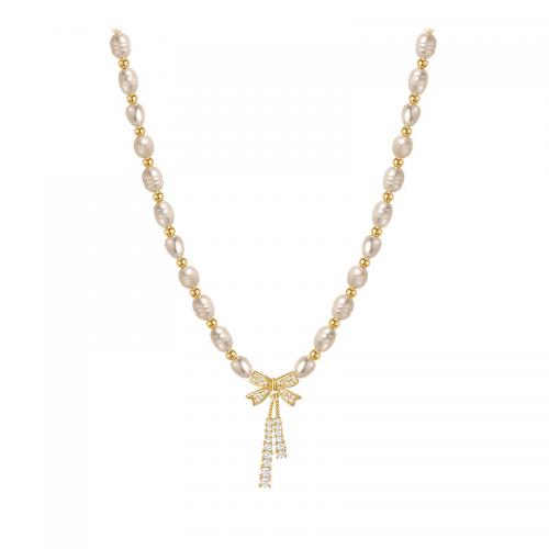 Freshwater Pearl Brass Necklace, with Brass, with 6cm extender chain, Bowknot, fashion jewelry & micro pave cubic zirconia & for woman Approx 40 cm 