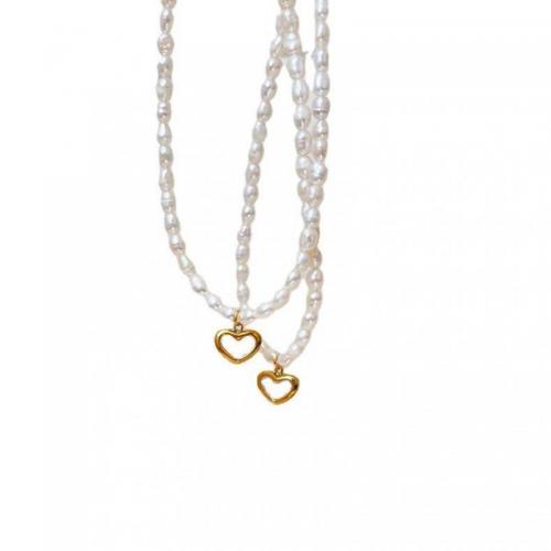 Collier de perles d'eau douce coquille, perle d'eau douce cultivée, avec Acier titane & coquille blanche, coeur, bijoux de mode & pour femme Environ 40 cm, Vendu par brin