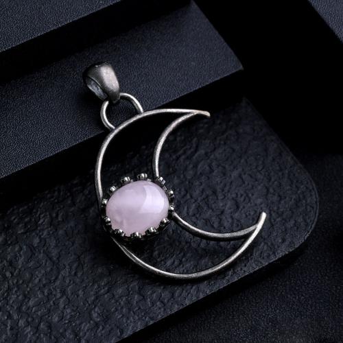 Gemstone Zinc Alloy Pendants, Natural Stone, with Zinc Alloy, Moon, silver color plated, DIY 