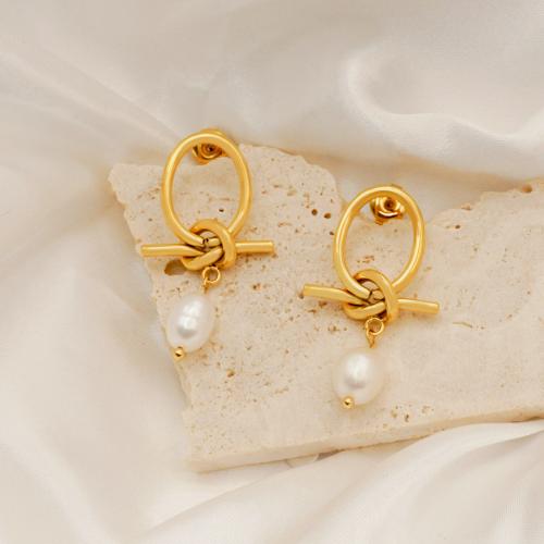 Titanium Steel Earrings, with Plastic Pearl, gold color plated, for woman, white 