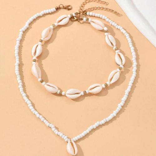 Collar de perlas de cristal semilla, Seedbead, con Nácar & aleación de zinc, hecho a mano, 2 piezas & Joyería & para mujer, Blanco, Vendido por Set