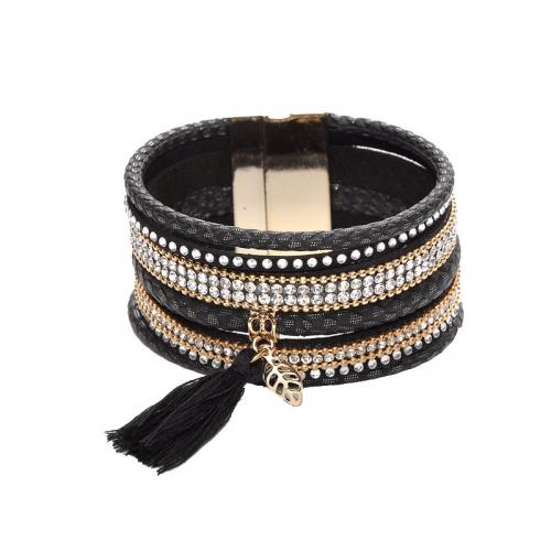 PU Leather Cord Bracelets, with Brass, multilayer & micro pave cubic zirconia & for woman, black, 35mm Approx 19.5 cm [