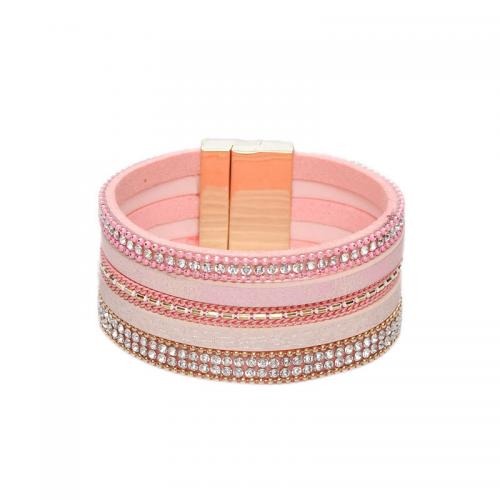 PU Leather Cord Bracelets, with Magnet, multilayer & micro pave cubic zirconia & for woman 30mm Approx 19.5 cm [