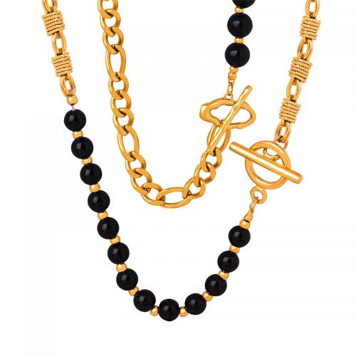 Collier de bijoux de titane, Acier titane, avec agate noire, bijoux de mode & styles différents pour le choix & pour femme, doré, Vendu par PC