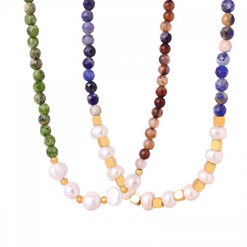 Чип Gemstone пресноводных жемчужное ожерелье, титан, с Природный камень & Пресноводные жемчуги, с 5cm наполнитель цепи, ювелирные изделия моды & Женский, 4mm, длина:Приблизительно 40 см, продается PC