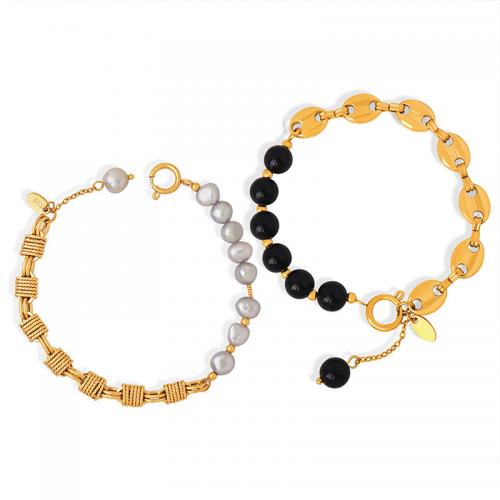 Bracelets de Perles Agate, laiton, avec Agate & perle d'eau douce cultivée, bijoux de mode & différents matériaux pour le choix & pour femme, doré, Vendu par PC