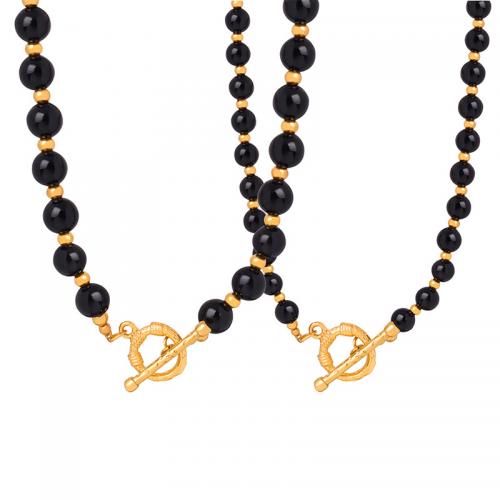 Achat Süßwasser Perlenkette, Titanstahl, mit Schwarzer Achat, verschiedene Größen vorhanden & verschiedene Stile für Wahl & für Frau, goldfarben, verkauft von PC