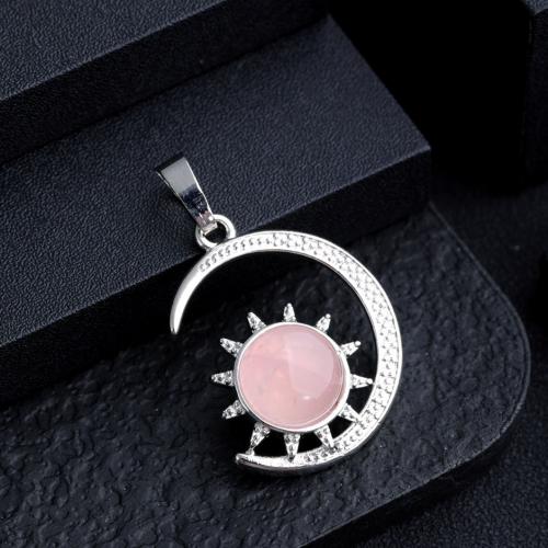 Gemstone Zinc Alloy Pendants, Natural Stone, with Zinc Alloy, Moon, silver color plated, DIY [