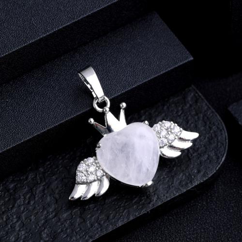 Gemstone Zinc Alloy Pendants, Natural Stone, with Zinc Alloy, Wing Shape, silver color plated, DIY 