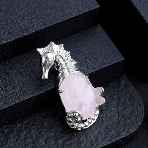 Gemstone Zinc Alloy Pendants, Natural Stone, with Zinc Alloy, Seahorse, silver color plated, DIY 