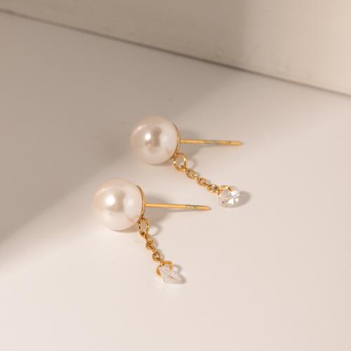 Stainless Steel Drop Earring, 304 Stainless Steel, with ABS Plastic Pearl, plated, fashion jewelry & micro pave cubic zirconia 