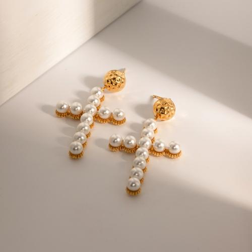 Stainless Steel Drop Earring, 304 Stainless Steel, with ABS Plastic Pearl, Cross, plated, fashion jewelry, golden 