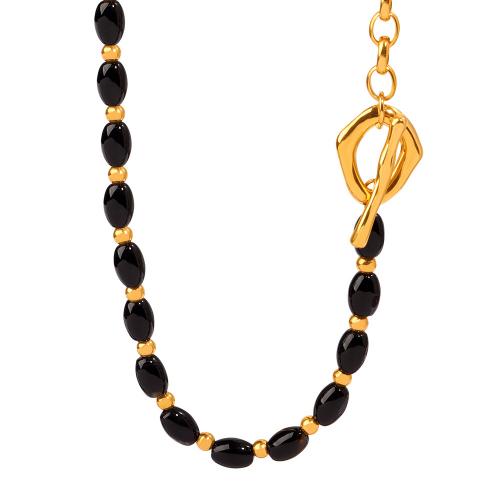 Mode Pullover Kette Halskette, Titanstahl, mit Achat, handgemacht, für Frau, goldfarben, Länge:ca. 80 cm, verkauft von PC