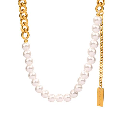 Collier de bijoux de titane, Acier titane, avec perle de plastique, avec 5CM chaînes de rallonge, Placage, pour femme, doré Environ 40 cm, Vendu par PC