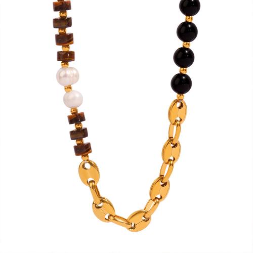 Титан ожерелье ювелирных изделий, титан, с тигровый глаз & Черный агат & Пресноводные жемчуги, Связанный вручную, Женский, Золотой, продается PC