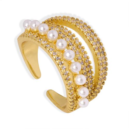 Cubic Zirconia Micro Pave Brass Finger Ring, with Plastic Pearl, plated, micro pave cubic zirconia & for woman, golden, US Ring 