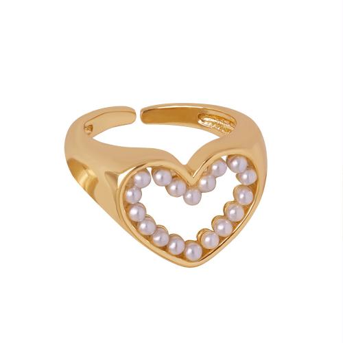 Brass Finger Ring, with Plastic Pearl, Heart, plated, for woman US Ring 