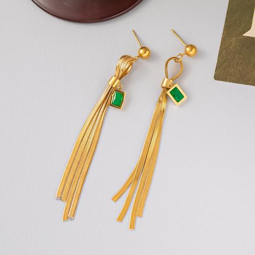 Titanium Steel Tassel Earring, gold color plated & for woman & with rhinestone 