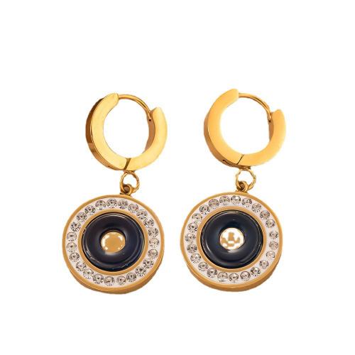 Titanium Steel Huggie Hoop Drop Earring, gold color plated & for woman & enamel & with rhinestone, earring length 30-45mm 