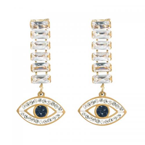 Titanium Steel Drop Earring, Evil Eye, gold color plated, fashion jewelry & micro pave cubic zirconia & for woman 