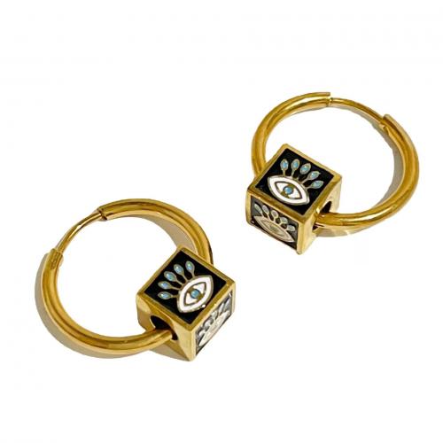 Titanium Steel Huggie Hoop Drop Earring, Cube, gold color plated, evil eye pattern & for woman & enamel 20mm 