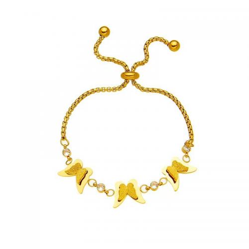 Titanium Steel Bracelet, Butterfly, 18K gold plated, for woman & with rhinestone Approx 6-9 Inch 