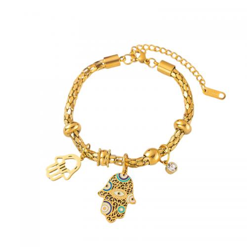 Titanium Steel Bracelet, with 2inch extender chain, Hamsa, gold color plated, for woman & enamel & with rhinestone & hollow Approx 7.9 Inch 