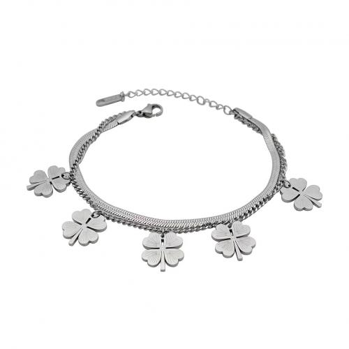 Titanium Steel Bracelet, Four Leaf Clover, plated, Double Layer & snake chain & for woman Approx 7 Inch 