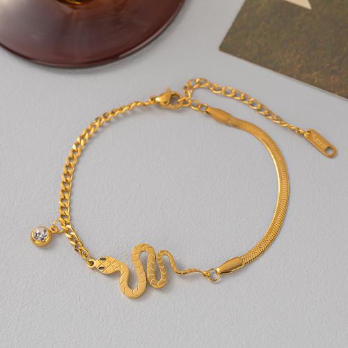 Titanium Steel Bracelet, Snake, gold color plated, snake chain & for woman & with rhinestone 