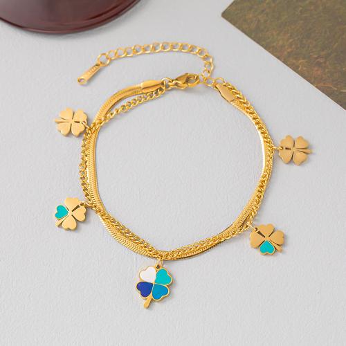 Titanium Steel Bracelet, with 2inch extender chain, Four Leaf Clover, gold color plated, Double Layer & snake chain & for woman & enamel Approx 7 Inch 